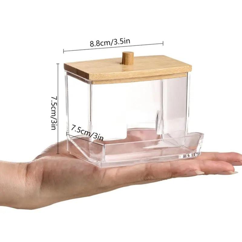 Spring Clear Cosmetic Storage Container with Wood Lid, Christmas Gift, Transparent Qtips Holder Swab Sticks Dispenser, Makeup Organizer Makeup Tools Jar, Jewelry Box, Small Item Storage Box, Desk Organizer, Home Supplies, Trending Products, Fall Gift