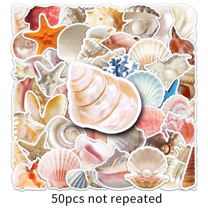 Sea Shell Pattern Sticker, 50pcs set Waterproof Self Adhesive Decor Paper, Decor Sticker For Gift & Greeting Card & Water Bottle