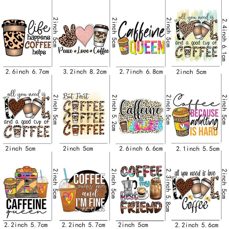 Coffee Letter Pattern Coffee Cup Sticker, 12pcs set UV DTF Self-adhesive Bottle Wrap, Decorative Sticker for Coffee Cup, Glass Jar, Cup, DIY Decorative Sticker