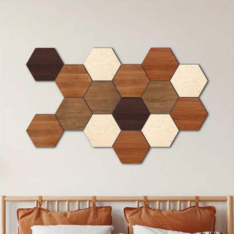 Hexagonal Shaped Wooden Wall Sticker, 15pcs set Vintage Wood Grain Wall Decal, Wall Decor for Home Living Room Bedroom