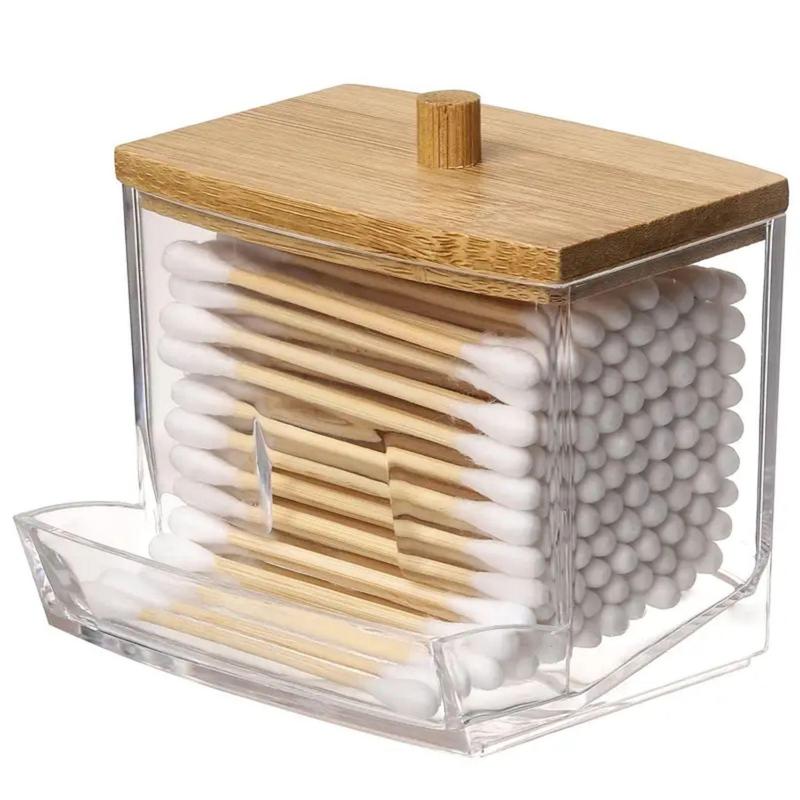 Spring Clear Cosmetic Storage Container with Wood Lid, Christmas Gift, Transparent Qtips Holder Swab Sticks Dispenser, Makeup Organizer Makeup Tools Jar, Jewelry Box, Small Item Storage Box, Desk Organizer, Home Supplies, Trending Products, Fall Gift