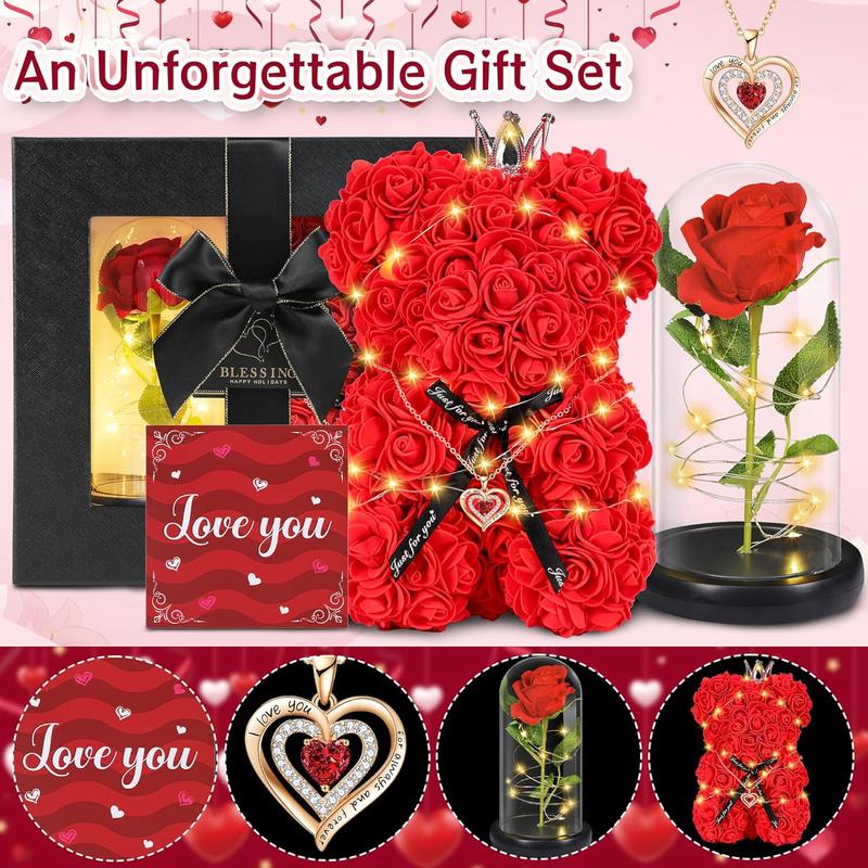 Rose Bear Gift Box for Mom Forever Eternal Rose in Glass Dome with Light Necklace for Mothers Day Birthday