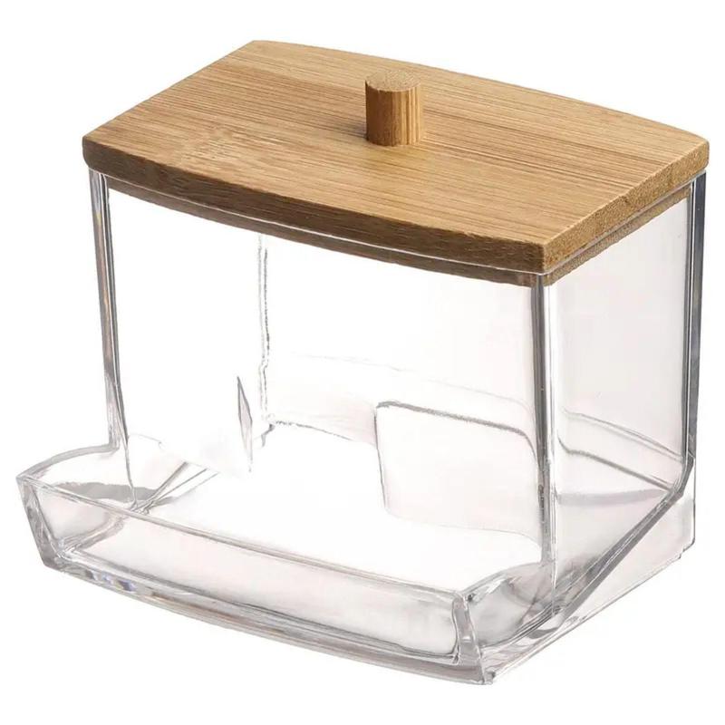 Spring Clear Cosmetic Storage Container with Wood Lid, Christmas Gift, Transparent Qtips Holder Swab Sticks Dispenser, Makeup Organizer Makeup Tools Jar, Jewelry Box, Small Item Storage Box, Desk Organizer, Home Supplies, Trending Products, Fall Gift