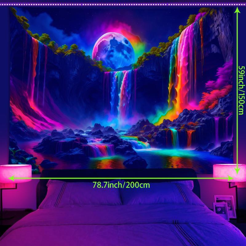 Mountain & Waterfall Pattern Tapestry, Modern UV Black Light Reaction Tapestry, Wall Hanging Decor for Home Living Room Bedroom Dormitory, Home Decor