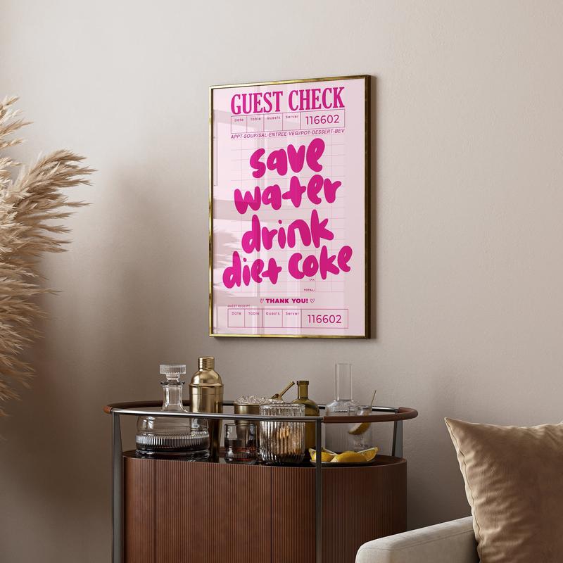 Guest Check Prints Trendy Wall Art Pink Preppy Kitchen Aesthetic Poster Wall Art Decor Retro Bar Cart Decor Trendy Diet Coke Art