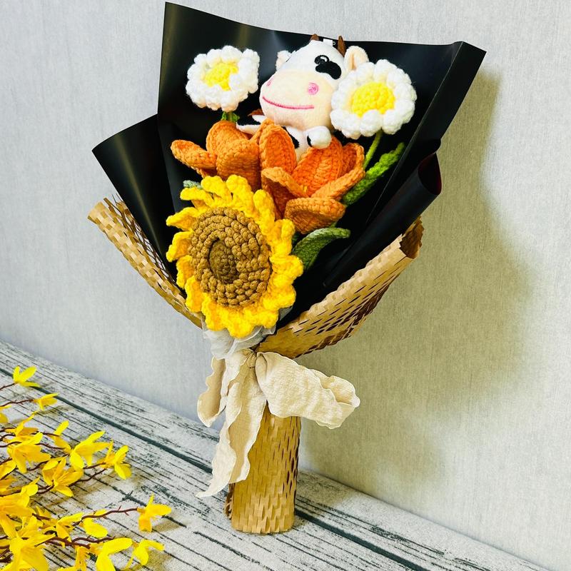 Artificial Flower Bouquet, Cow and Sunflower Design Cute Crochet Flower Bouquet, Simulated Flower Bouquet, Decoration Supplies for Home Living Room Bedroom Dining Room Wedding Party