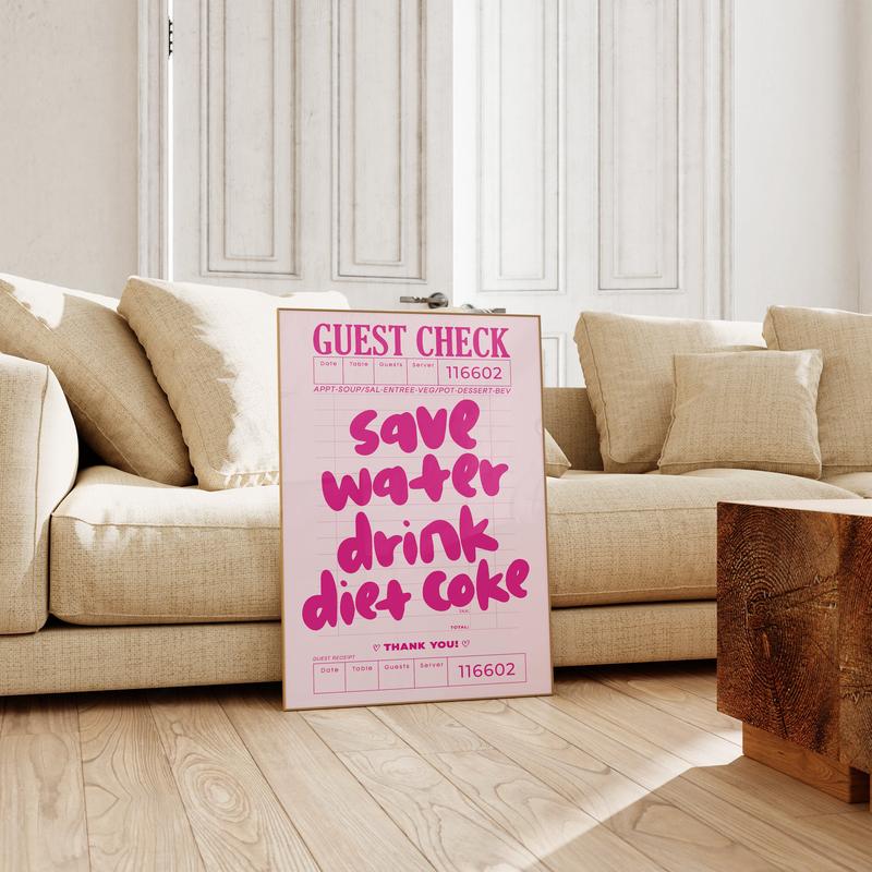 Guest Check Prints Trendy Wall Art Pink Preppy Kitchen Aesthetic Poster Wall Art Decor Retro Bar Cart Decor Trendy Diet Coke Art