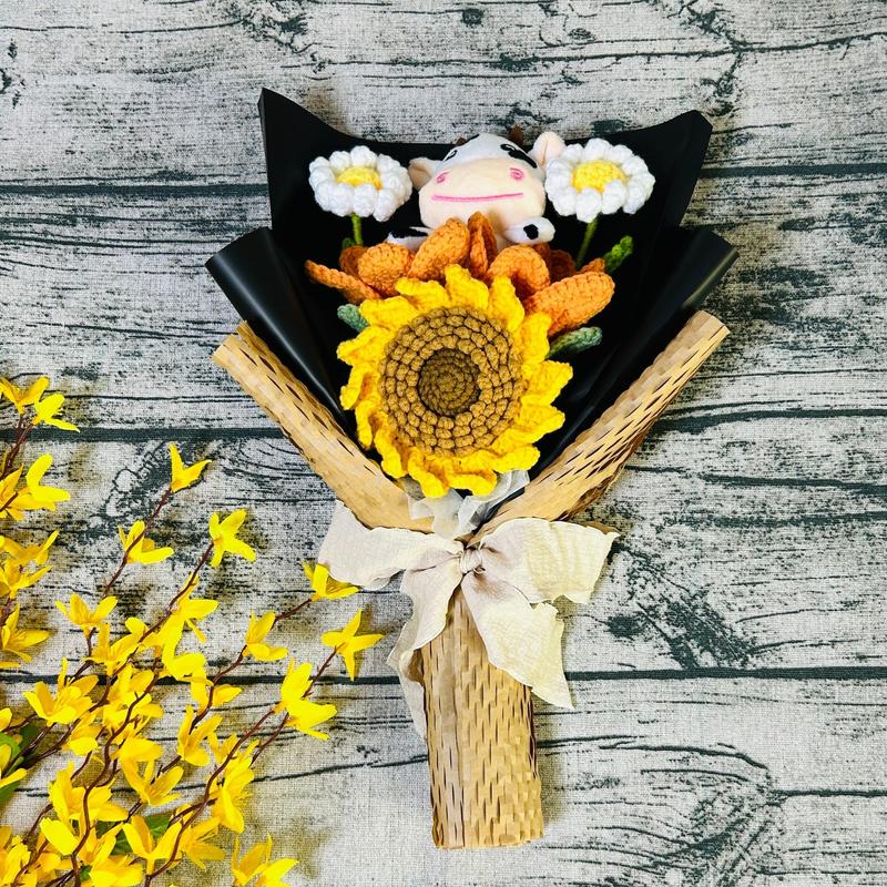 Artificial Flower Bouquet, Cow and Sunflower Design Cute Crochet Flower Bouquet, Simulated Flower Bouquet, Decoration Supplies for Home Living Room Bedroom Dining Room Wedding Party