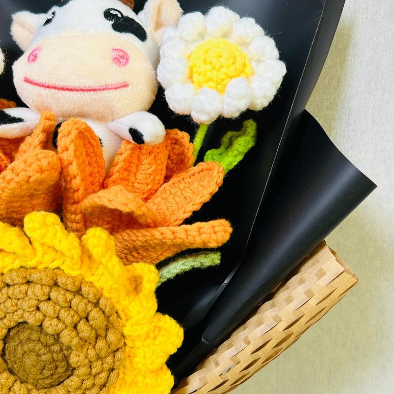 Artificial Flower Bouquet, Cow and Sunflower Design Cute Crochet Flower Bouquet, Simulated Flower Bouquet, Decoration Supplies for Home Living Room Bedroom Dining Room Wedding Party