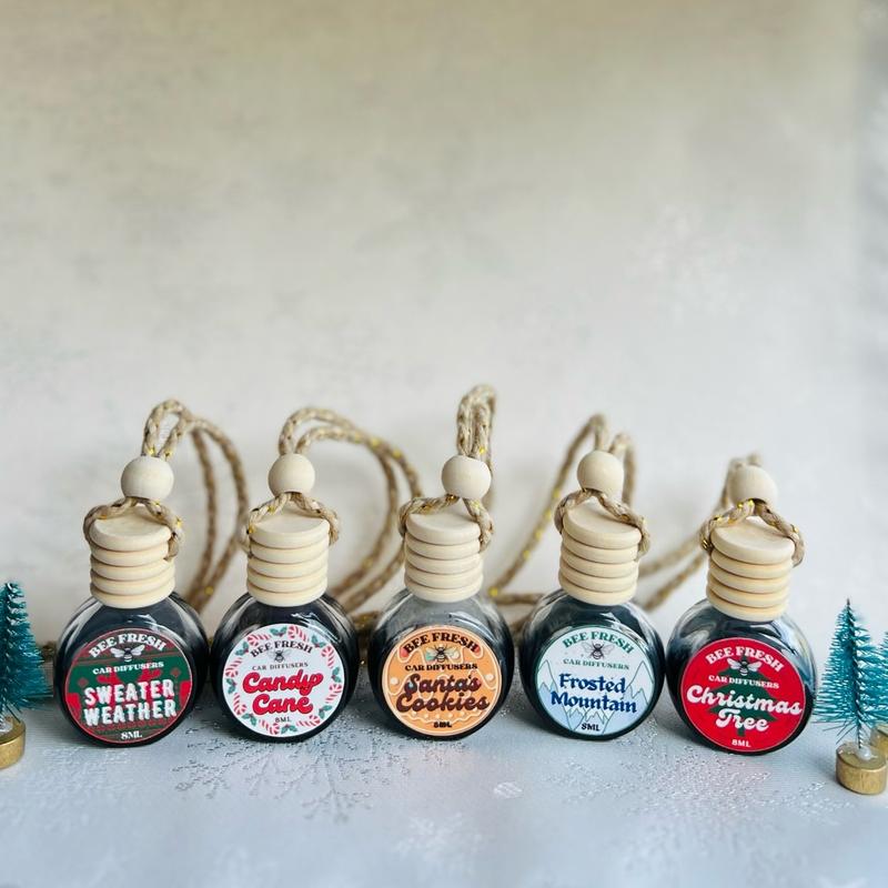 Bee Merry Holiday Bundle (5-Pack) Hanging Aroma Diffusers- Sweater Weather, Christmas Tree, Santa’s Cookies, Frosted Mountain, and Candy Cane Fragrance Oil