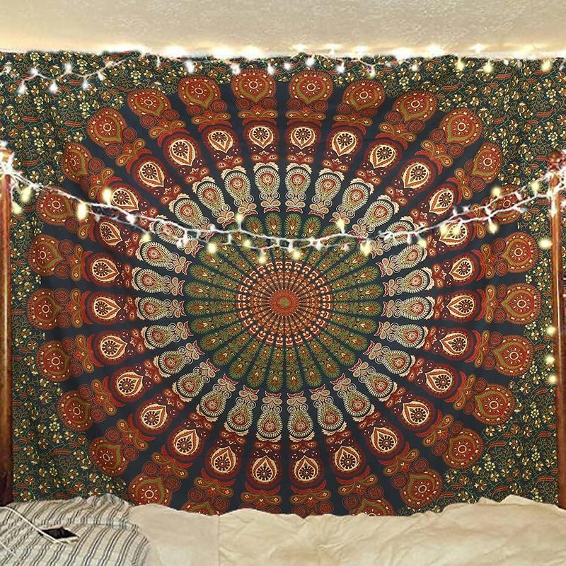 Bohemian Psychedelic Peacock Mandala Wall hanging College Dorm Beach Throws Table Cloth Bedding Tapestry (Golden Green, Queen(84x90Inches)(215x230Cms))