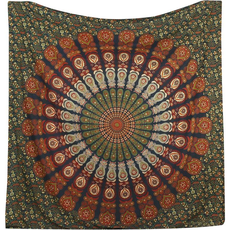 Bohemian Psychedelic Peacock Mandala Wall hanging College Dorm Beach Throws Table Cloth Bedding Tapestry (Golden Green, Queen(84x90Inches)(215x230Cms))