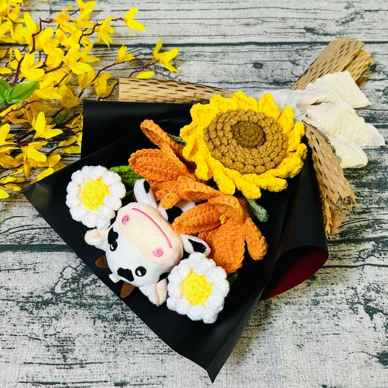 Artificial Flower Bouquet, Cow and Sunflower Design Cute Crochet Flower Bouquet, Simulated Flower Bouquet, Decoration Supplies for Home Living Room Bedroom Dining Room Wedding Party