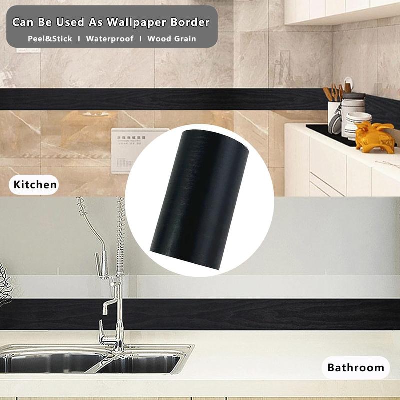 11 Yard Black Border Peel &Stick Black Wood Grain Wallpaper Border Removable Waterproof Bathroom Mirror Frame Sticker