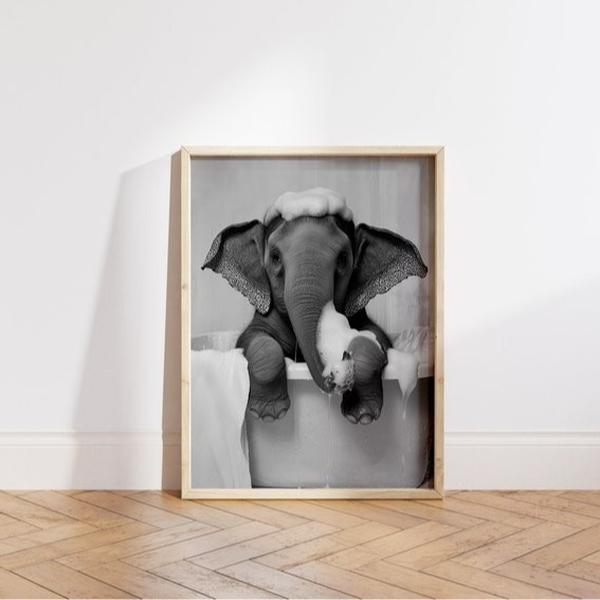 Cute Elephant In A Tub Poster, Bathroom Funny Print, Elephant Wall Art, Toilet Wall Art, Animal Poster, Funny Black Decor Hanging