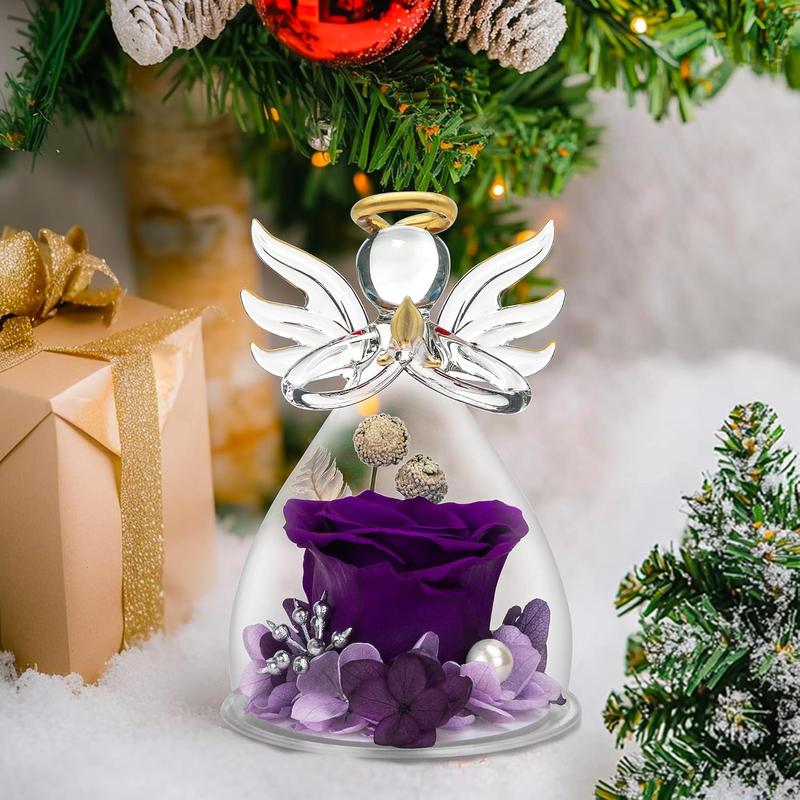 Preserved Flower Rose Gifts in Glass Angel Figurines,Birthday Gifts for Women,Angel Rose Gifts for Her,Christmas Rose Gifts for Mom Mothers Grandma,Real Flowers Purple Gift,Thanksgiving Gifts Decor Decorative Decor Decorative