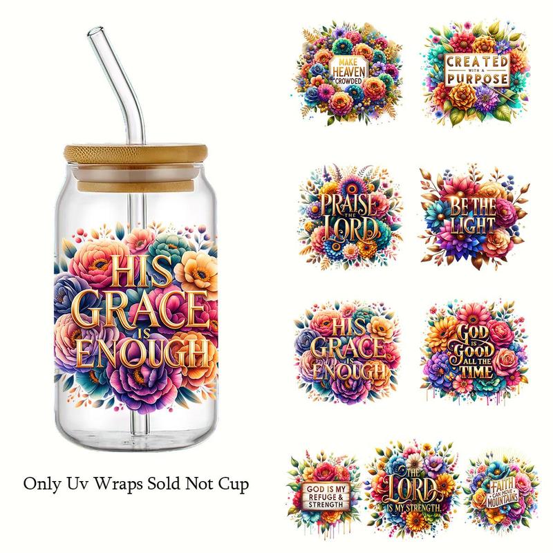 Inspirational Floral Vinyl Sticker Decals, 4 Counts set UV DTF Transfer Sticker, Non-fade Cup Wraps, DIY Crafts for Glassware