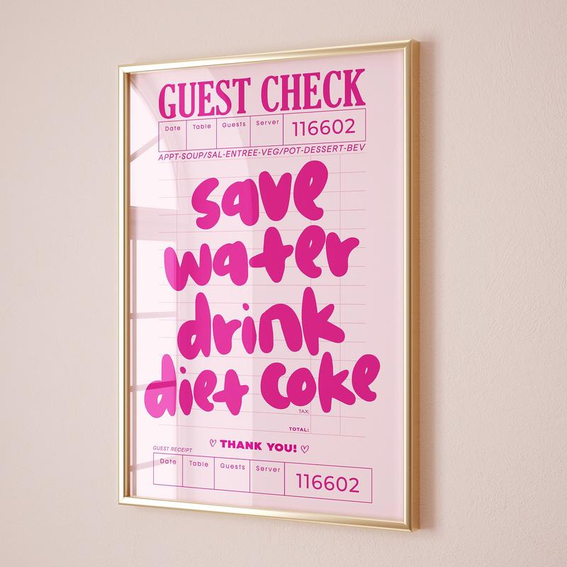 Guest Check Prints Trendy Wall Art Pink Preppy Kitchen Aesthetic Poster Wall Art Decor Retro Bar Cart Decor Trendy Diet Coke Art