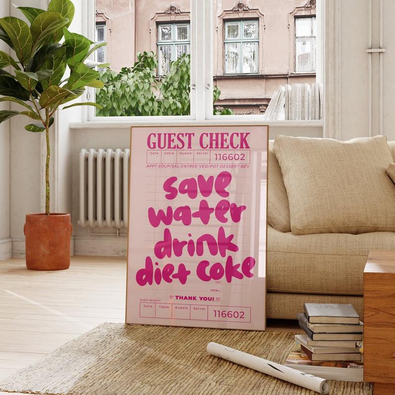 Guest Check Prints Trendy Wall Art Pink Preppy Kitchen Aesthetic Poster Wall Art Decor Retro Bar Cart Decor Trendy Diet Coke Art