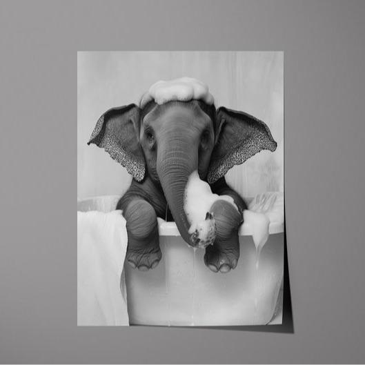 Cute Elephant In A Tub Poster, Bathroom Funny Print, Elephant Wall Art, Toilet Wall Art, Animal Poster, Funny Black Decor Hanging