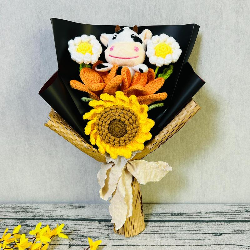 Artificial Flower Bouquet, Cow and Sunflower Design Cute Crochet Flower Bouquet, Simulated Flower Bouquet, Decoration Supplies for Home Living Room Bedroom Dining Room Wedding Party