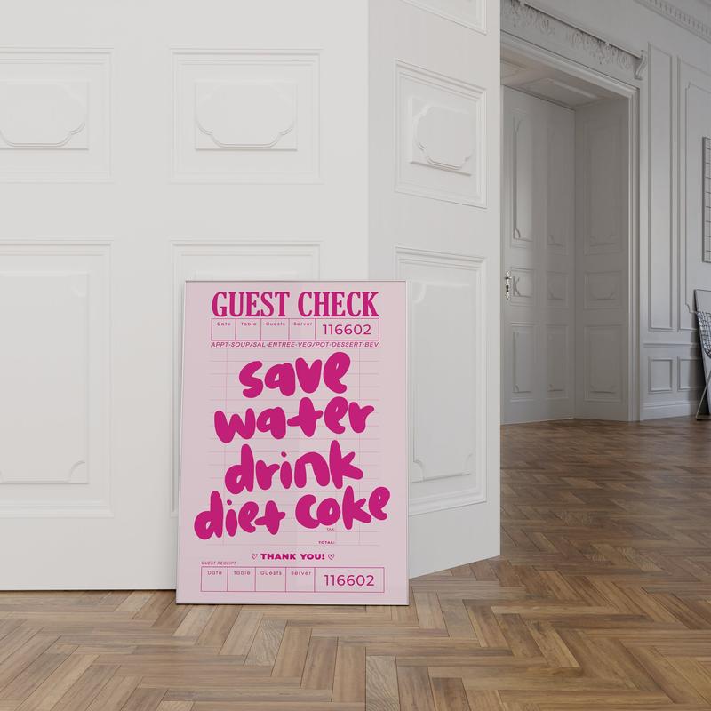 Guest Check Prints Trendy Wall Art Pink Preppy Kitchen Aesthetic Poster Wall Art Decor Retro Bar Cart Decor Trendy Diet Coke Art