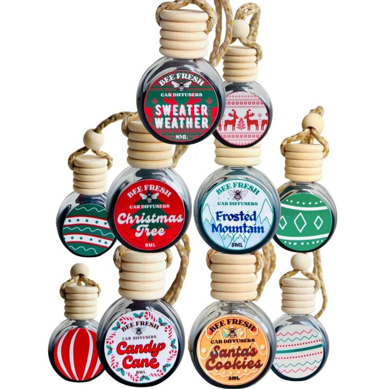 Bee Merry Holiday Bundle (5-Pack) Hanging Aroma Diffusers- Sweater Weather, Christmas Tree, Santa’s Cookies, Frosted Mountain, and Candy Cane Fragrance Oil