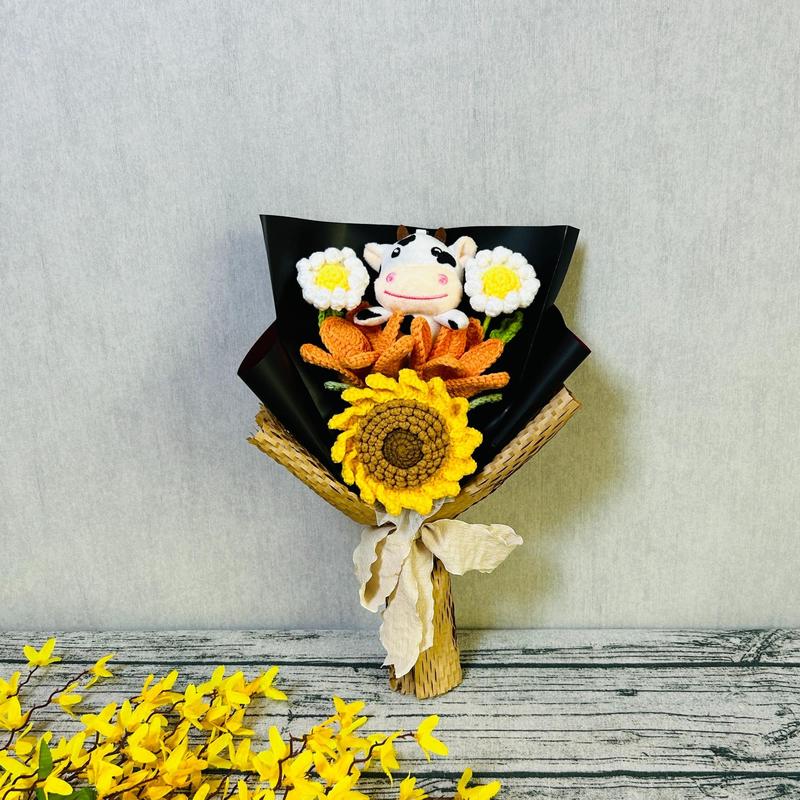 Artificial Flower Bouquet, Cow and Sunflower Design Cute Crochet Flower Bouquet, Simulated Flower Bouquet, Decoration Supplies for Home Living Room Bedroom Dining Room Wedding Party