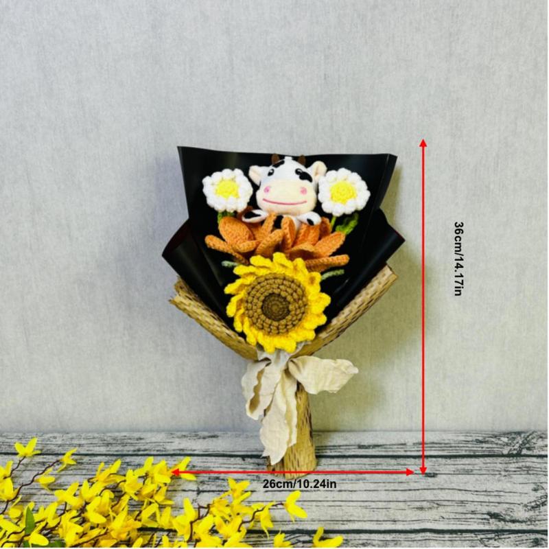 Artificial Flower Bouquet, Cow and Sunflower Design Cute Crochet Flower Bouquet, Simulated Flower Bouquet, Decoration Supplies for Home Living Room Bedroom Dining Room Wedding Party