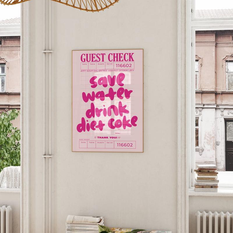 Guest Check Prints Trendy Wall Art Pink Preppy Kitchen Aesthetic Poster Wall Art Decor Retro Bar Cart Decor Trendy Diet Coke Art