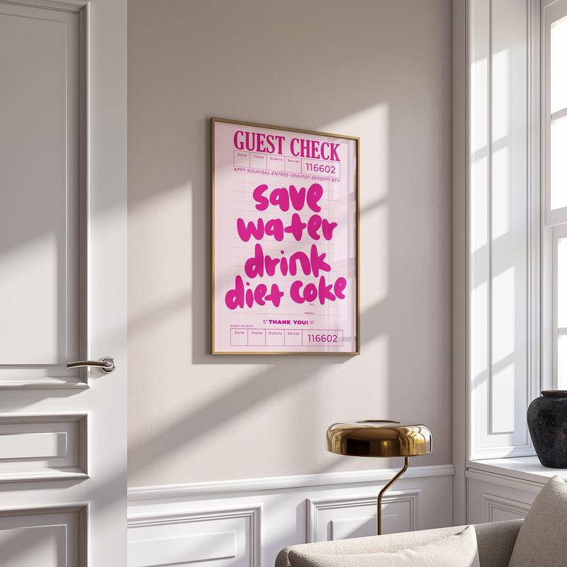 Guest Check Prints Trendy Wall Art Pink Preppy Kitchen Aesthetic Poster Wall Art Decor Retro Bar Cart Decor Trendy Diet Coke Art