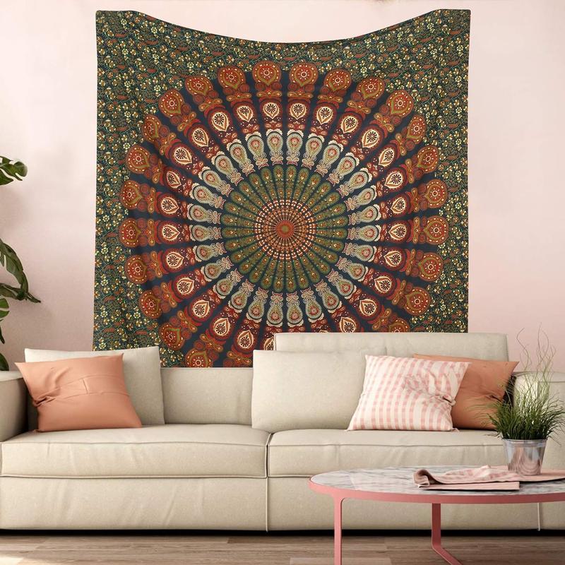 Bohemian Psychedelic Peacock Mandala Wall hanging College Dorm Beach Throws Table Cloth Bedding Tapestry (Golden Green, Queen(84x90Inches)(215x230Cms))