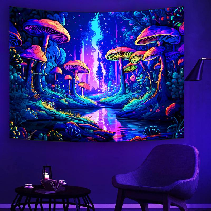 Blacklight Mushroom Forest Tapestry, UV Reactive Fantasy Tree Plants Fluorencent Wall Hanging Tapestries, Glow in the Dark Party Backdrop Art Print for Bedroom, Living Room