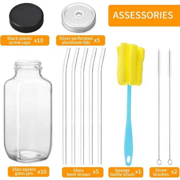 10pcs 16oz Glass Juice Bottles with Lids, Reusable Juice Containers Drinking Jars Water Cups with Brush, Glass Straws, Lids with Hole Aluminium Plastic Tin Organiser