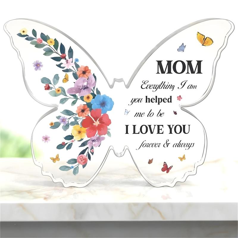 Butterfly Shaped Clear Acrylic Ornament, Flower & Letter Pattern Decorative Craft, Spring Decor 2024, Creative Gift for Mother, Desktop Ornament, Room Decor