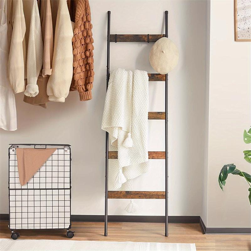 Blanket ladder, 10 layer blanket rack with 5 detachable hooks, farmhouse style blanket ladder for living room and bathroom, decorative wall mounted wooden quilt standing towel drying storage rack