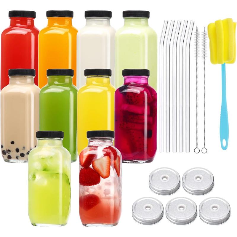 10pcs 16oz Glass Juice Bottles with Lids, Reusable Juice Containers Drinking Jars Water Cups with Brush, Glass Straws, Lids with Hole Aluminium Plastic Tin Organiser