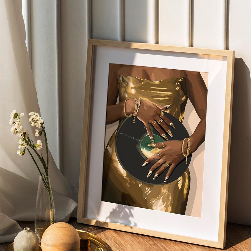 Gold Dress Art, Music Wall Art, Black Woman Art, Black Art, Wall Art, Gold Wall Art, Women Art, Room Decor