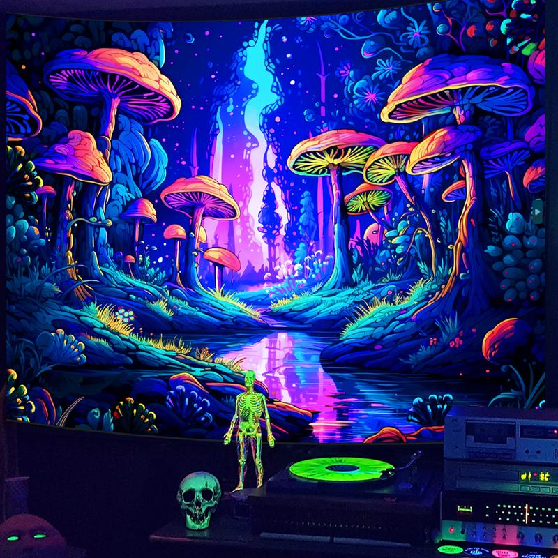 Blacklight Mushroom Forest Tapestry, UV Reactive Fantasy Tree Plants Fluorencent Wall Hanging Tapestries, Glow in the Dark Party Backdrop Art Print for Bedroom, Living Room