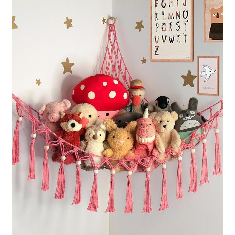 Stuffed Animal Storage - Corner Stuffed Animal Hammock! Cute Plushie Net Hanging Organizers for Girls. Boho Room & Bedroom Decor. Cotton Wall