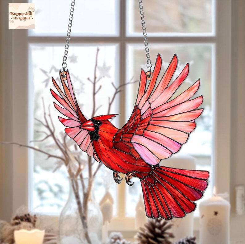 Red Cardinal Suncatcher, Cardinal Acrylic Window Hanging, Bird Lover Gift, Bird Memorial Gift for Christmas, Cardinal Lover Gift