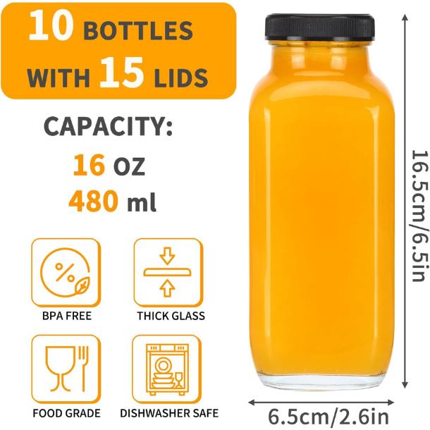 10pcs 16oz Glass Juice Bottles with Lids, Reusable Juice Containers Drinking Jars Water Cups with Brush, Glass Straws, Lids with Hole Aluminium Plastic Tin Organiser