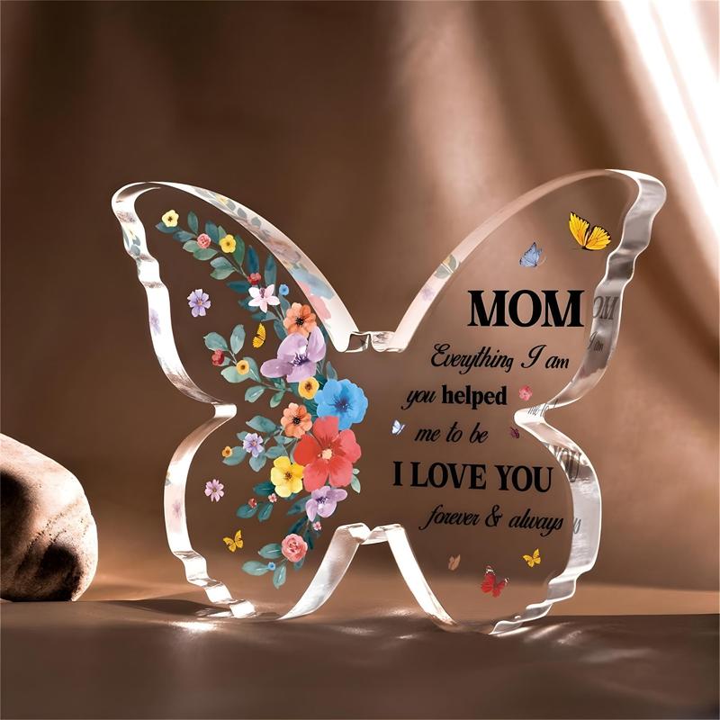 Butterfly Shaped Clear Acrylic Ornament, Flower & Letter Pattern Decorative Craft, Spring Decor 2024, Creative Gift for Mother, Desktop Ornament, Room Decor