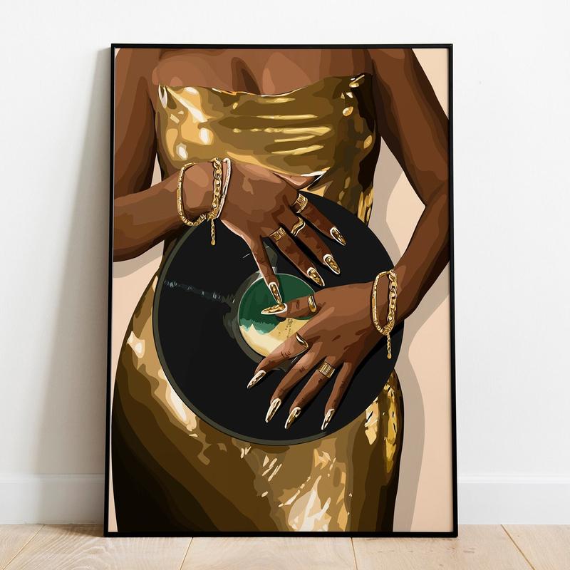 Gold Dress Art, Music Wall Art, Black Woman Art, Black Art, Wall Art, Gold Wall Art, Women Art, Room Decor