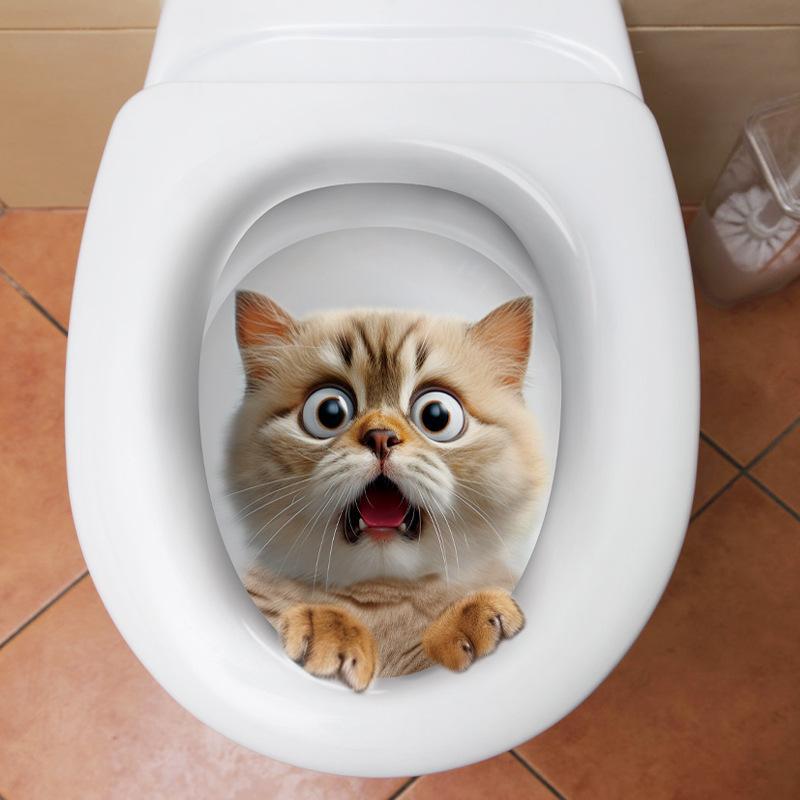 Cute Cartoon Cat Pattern Toilet Sticker, 3 Counts 3D Cat Pattern Toilet Lid Sticker, Decorative Sticker for Home Bathroom