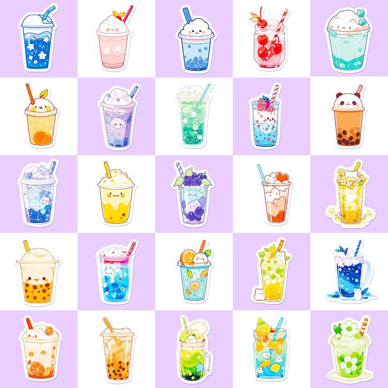 50pcs Cartoon Water Cup Drink Bottle Pattern Sticker, Decorative Collage Decal, DIY Decorative Sticker For Stationery Computer Water Bottle Skateboard