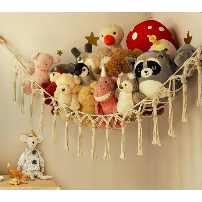 Stuffed Animal Storage - Corner Stuffed Animal Hammock! Cute Plushie Net Hanging Organizers for Girls. Boho Room & Bedroom Decor. Cotton Wall