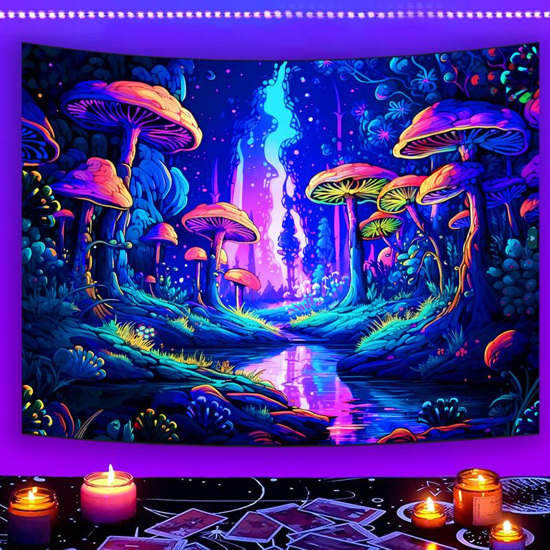 Blacklight Mushroom Forest Tapestry, UV Reactive Fantasy Tree Plants Fluorencent Wall Hanging Tapestries, Glow in the Dark Party Backdrop Art Print for Bedroom, Living Room