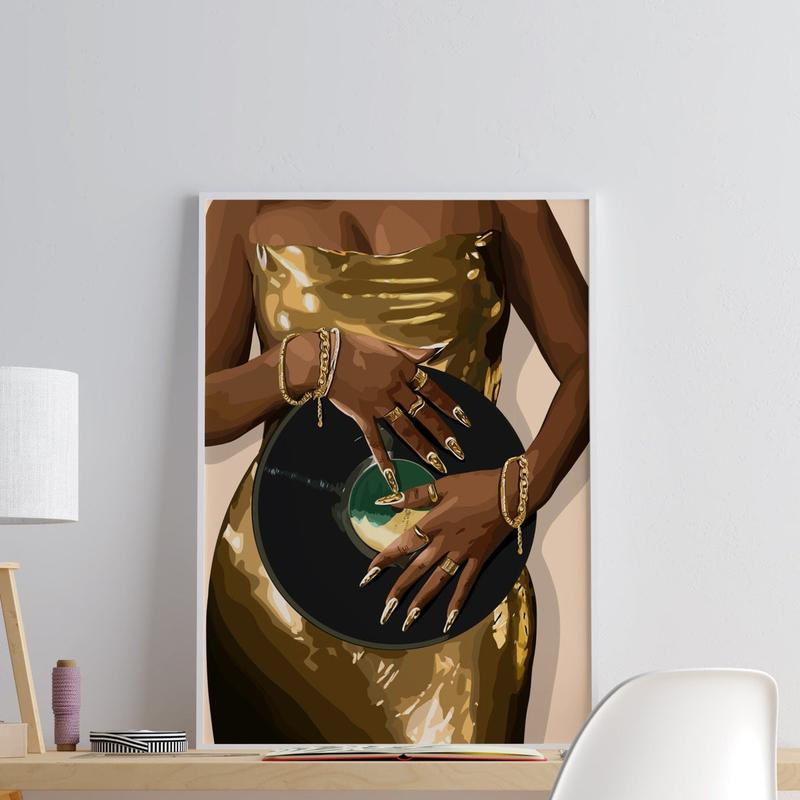 Gold Dress Art, Music Wall Art, Black Woman Art, Black Art, Wall Art, Gold Wall Art, Women Art, Room Decor