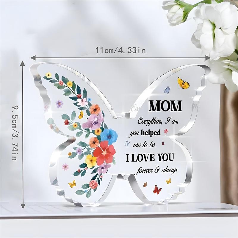 Butterfly Shaped Clear Acrylic Ornament, Flower & Letter Pattern Decorative Craft, Spring Decor 2024, Creative Gift for Mother, Desktop Ornament, Room Decor